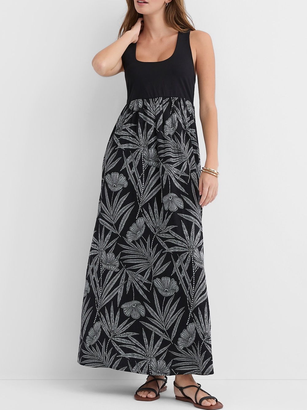 LOFT Black White Floral Leaf Maxi Dress Medium Petite Bohemian Beach Vacation